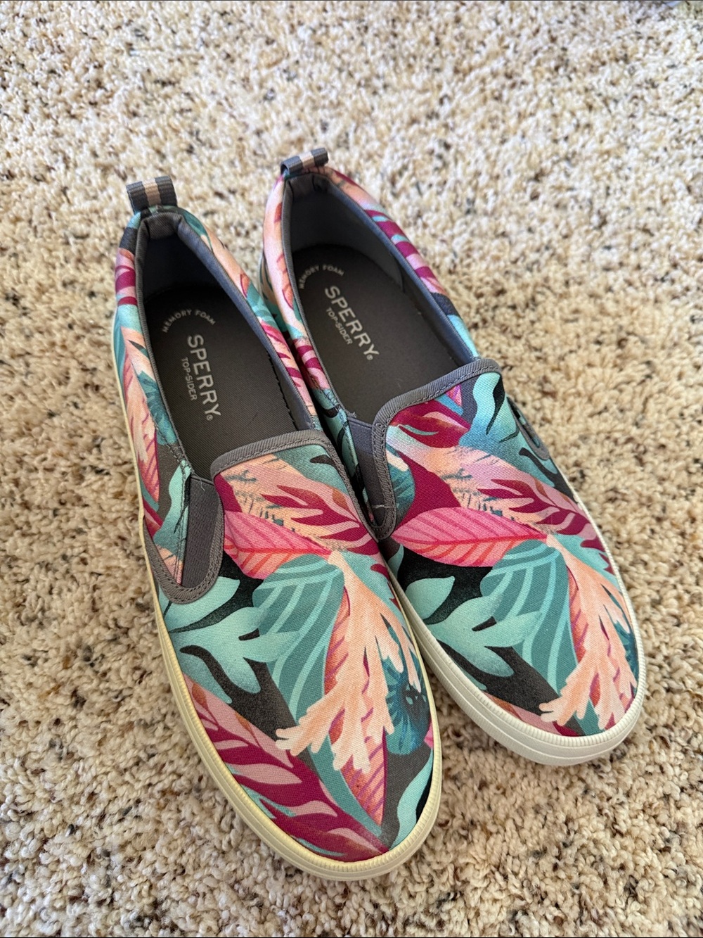 Sperry Women's Slip-On Boat Shoes in Teal, Pink and Coral Leaf Print